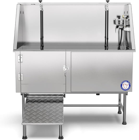 62" Stainless Steel Pet Dog Grooming Bath Tub with Walk-In Ramp & Accessories